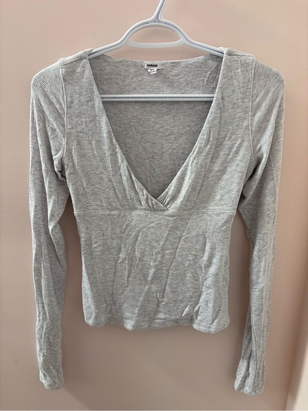 Garage Light Gray Ribbed Deep V-Neck Long Sleeve Top